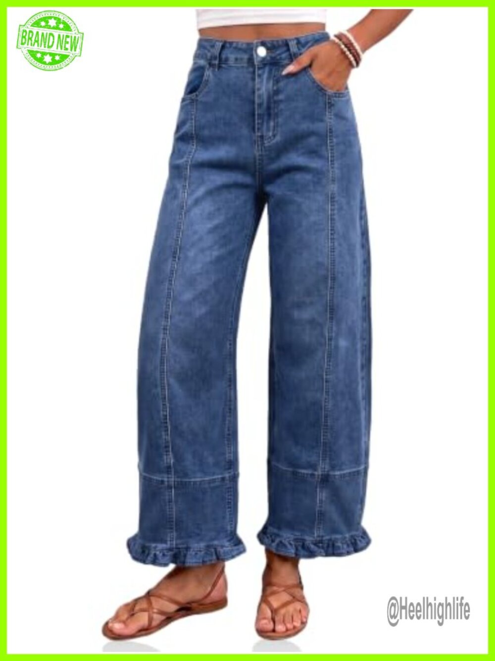 High Waisted Wide Leg Jeans Ruffle Hem Front Seam Denim Pants